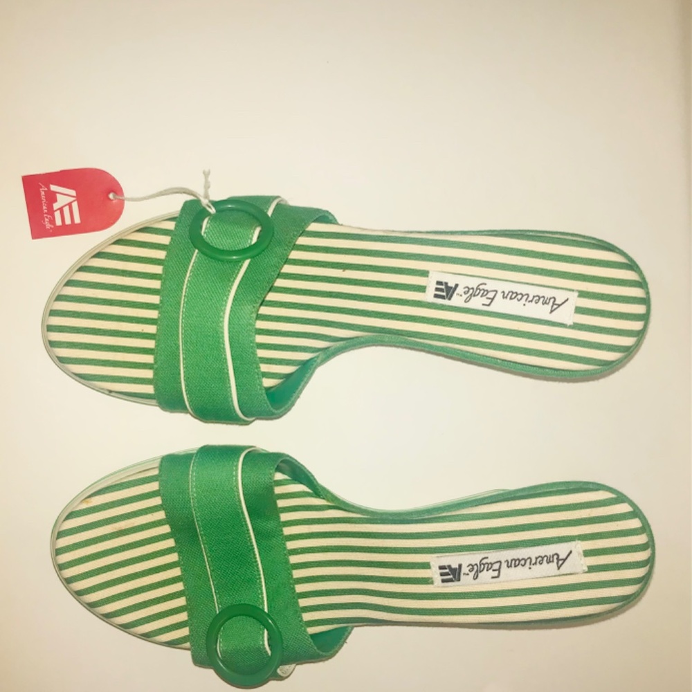 NWT American Eagle Green & White Striped Platform Sandals Wedges Y2K/90s Size 10 - Picture 2 of 8
